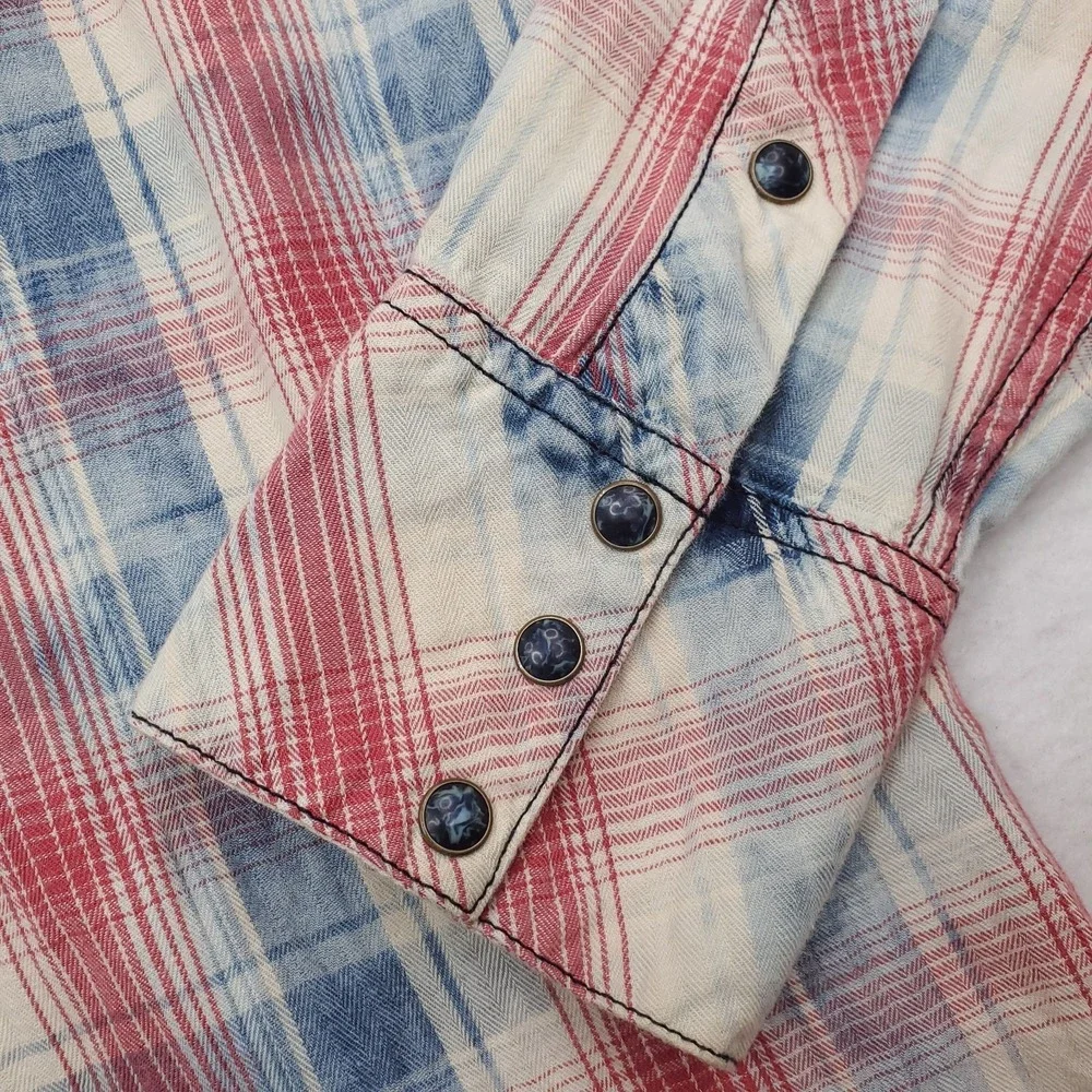 True Religion Shirt Men Large Red White Blue Plaid Western Pearl Snap Y2K Cowboy